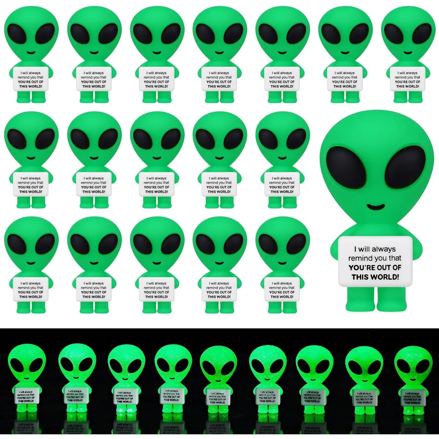 50 count Mini Alien Figures Grow in the Dark Positive  Motivational Message Decorations Inspirational Rubber Figurines to  and Seek for Alien Space Party Favors Desk Decor