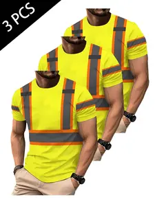 3-Pack Fluorescent Safety Vest Printed Men's Round Neck Short Sleeve T-Shirt, Casual Long T-Shirt for Outdoor Work and Daily Wear