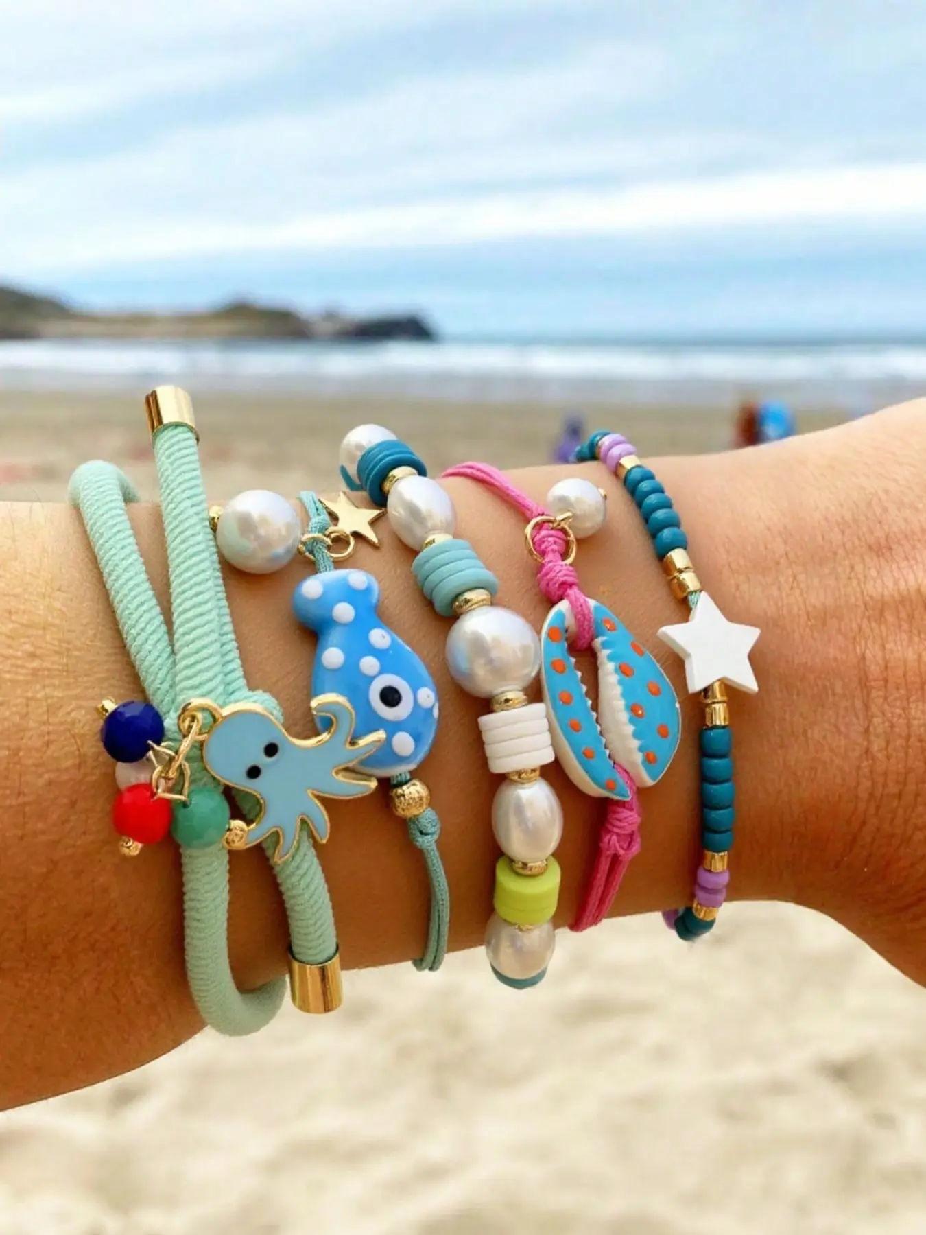 5-Piece Tropical Ocean Shell Bracelet Set, Handmade Beaded Bracelets Set Multilayer Wristbands, Summer Beach Party Jewelry for Women