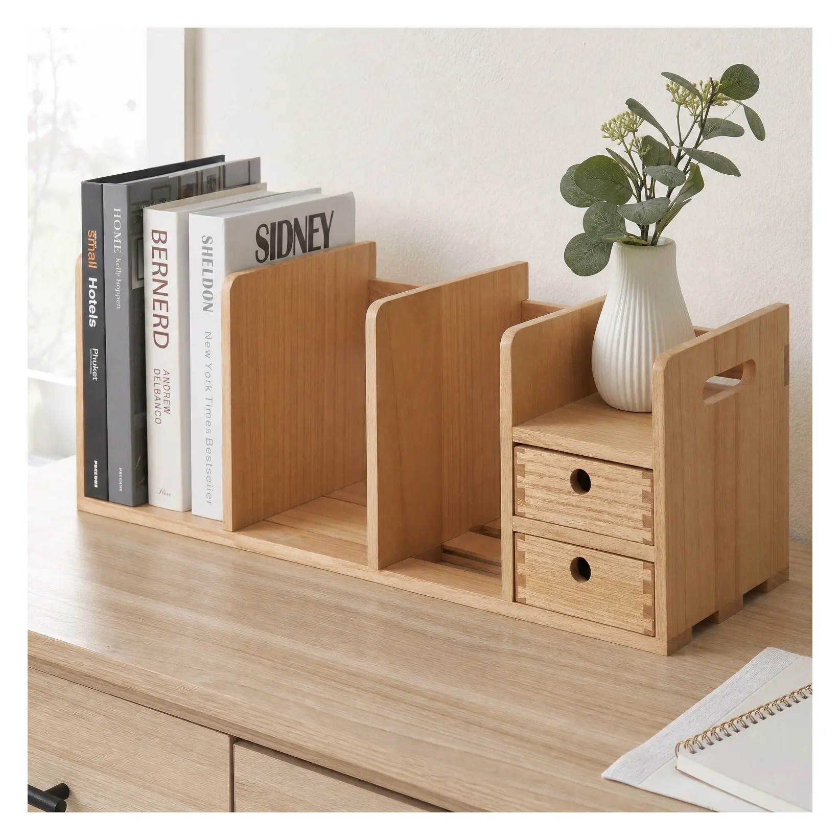 Solid Wood Expandable Desktop Bookshelf with Drawer, Adjustable Width 20.07-31.57 Inches, Storage for Supplies Books and Files, Fully AssembledGift