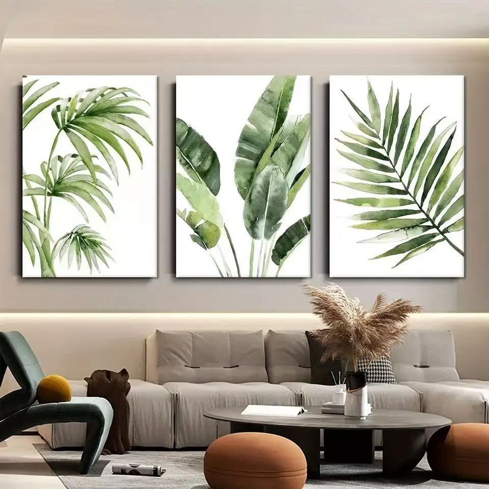 3pcs Modern Minimalist Green Plant Canvas Decorative Painting Tropical Style Green Plant Leaf Art Living Room Frameless Hanging Painting