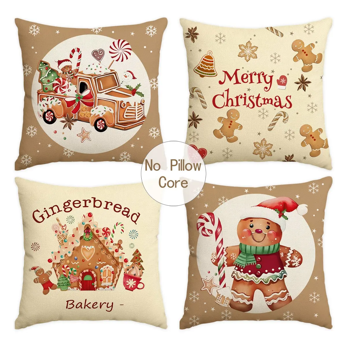 4pcs gingerbread Christmas, Snowflakes themed pillowcase, gingerbread truck single-sided printed sofa cushion cover, couch cushion covers, pillow cover, 18x18 inches, home & Christmas decoration (without pillow core)