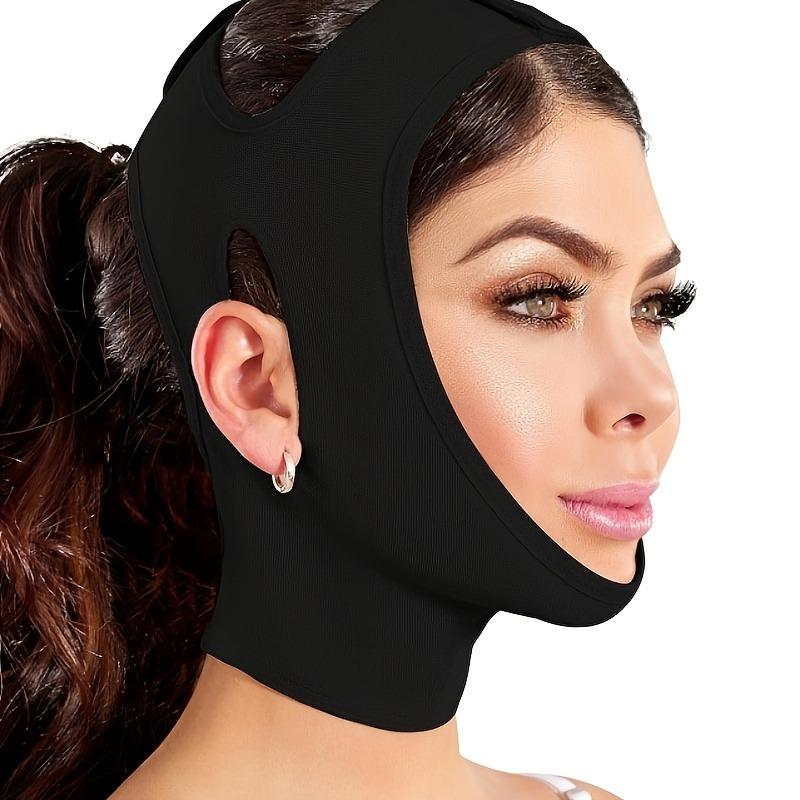 1pc Black V-Face Lifting Bandage with Double Chin Reduction Mask - Breathable Comfort Fit Facial Toning Strap for Nasolabial Folds, Face Slimming & Jawline Contouring, Nighttime Use