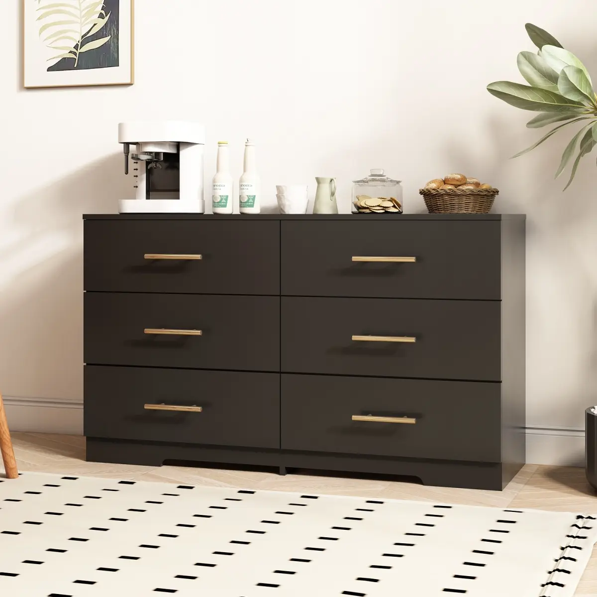 Minimalist Matte Black Rectangular 6-Drawer Engineered Wood Laminate Dresser - Golden Surface, Smooth-Slide Drawers, Easy-to-Follow Instructions, Space-Saving Organizer for Bedroom, Kids Room (Assembly Required)