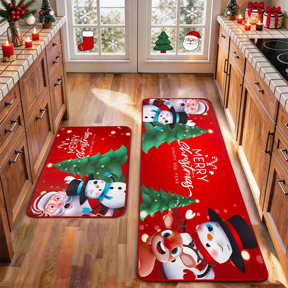 2 Pcs Christmas Kitchen Rug Mat Gnomes Gingerbread Tree Santa Clause Snowflake Red Black Floor Mat Set Farmhouse Kitchen Rug Non Slip Restaurant Floor Dining Room Laundry Room Decor Carpet Mat Winter Decor Home Decor Rug