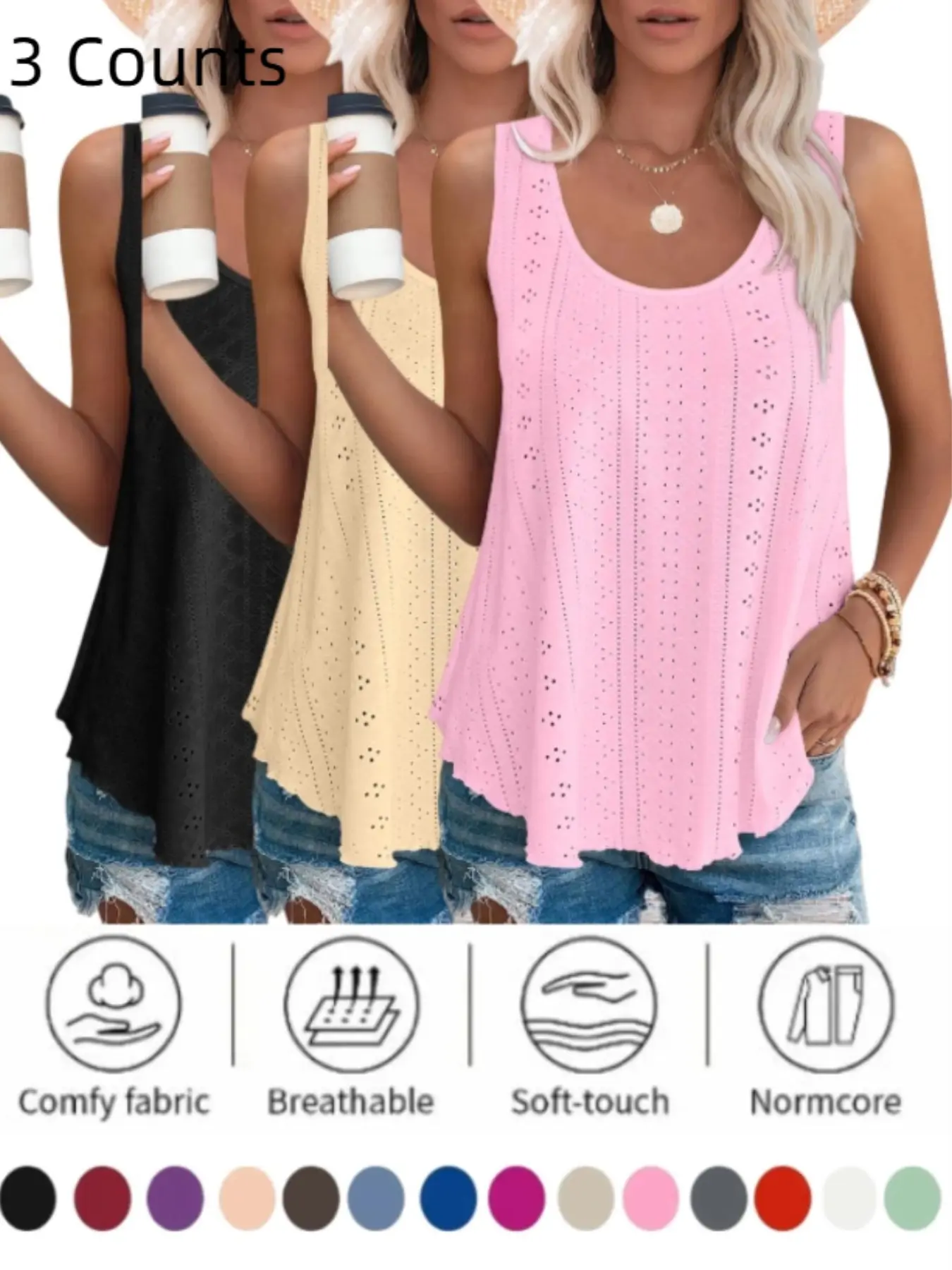 2026 Womens Tank Tops Sleeveless Eyelet Embroidery Scoop Neck Loose Fit Breathable Casual Fall Flowy