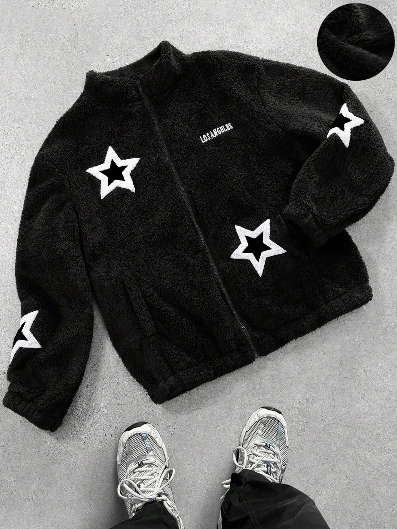 Men's Letter & Heart Embroidery Pocket Drop Shoulder Fleece Jacket, Regular Fit Casual Long Sleeve Zip Up Outerwear for Fall & Winter, Men's Clothes