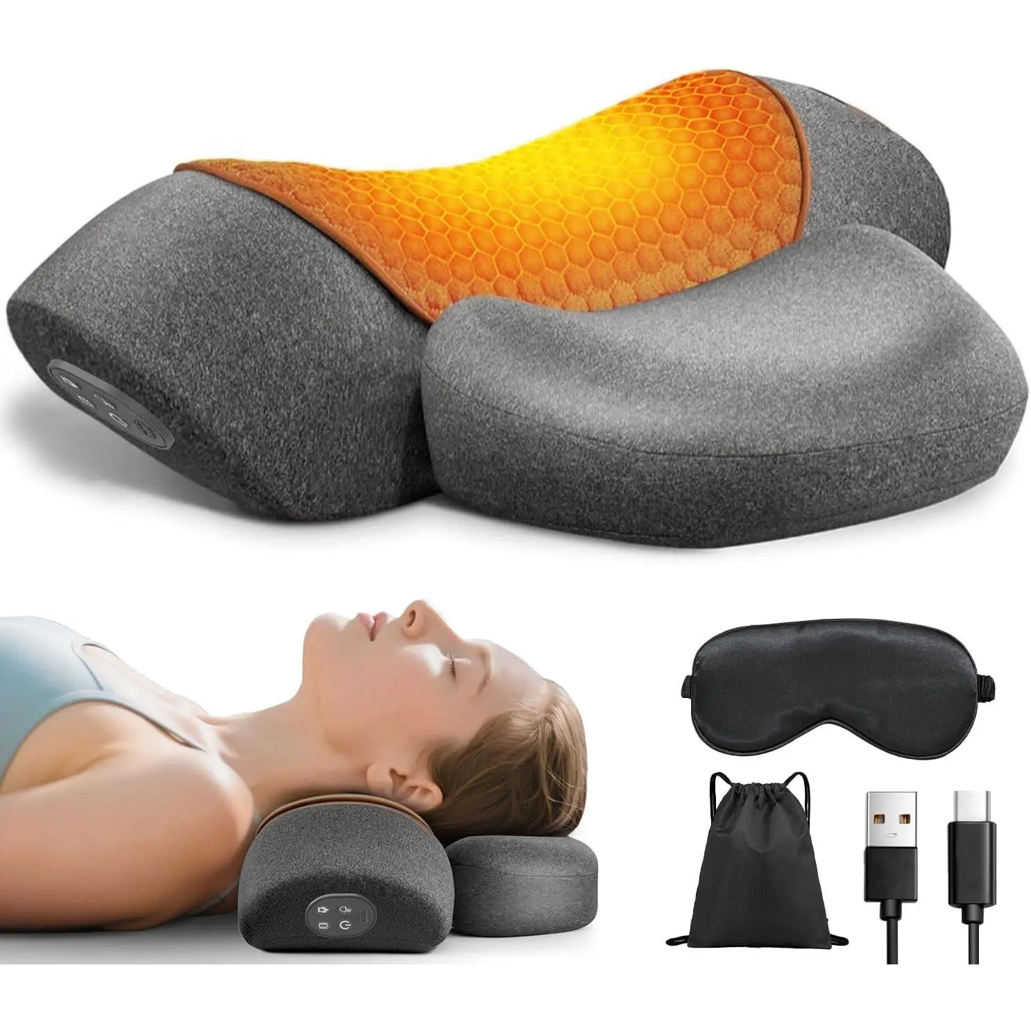 Cordless Heated Neck Massager Pillow for Pain Relief Deep Tissue, 3-in-1 Rechargeable Neck Cervical Traction Device with Heat, Massage, Electric Stretch, Ergonomic Neck Shoulder Relaxer, Grey