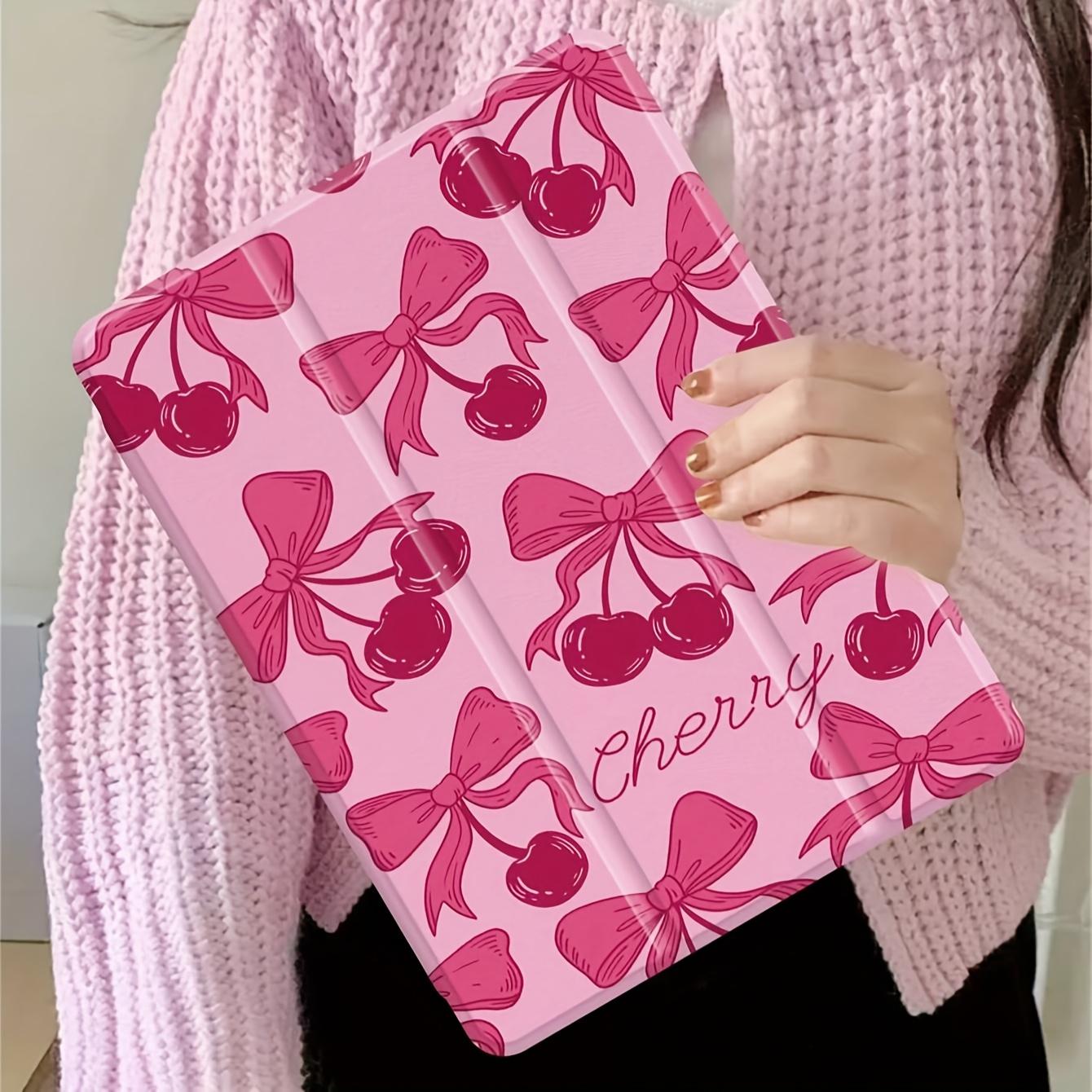 Pink cherry bow pattern, with adjustable bracket and pen slot, foldable non-slip TPU protective case, suitable for iPad mini, iPad Air, iPad Pro/iPad 10th generation, 11th generation and other series iPad protective cases