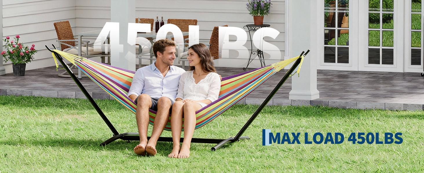 2 Person Double Hammocks with Stand for Outside, Hammocks Portable Space Saving Heavy-Duty Steel Stand for Indoor Outdoor Patio with Carrying Bag, 450 lbs Capacity
