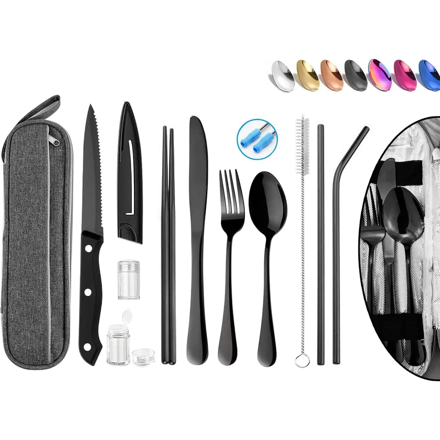 Portable  Travel Utensils Silverware with Case,Travel Camping Cutlery set,Chopsticks and Straw, Flatware Cutlery with Case, Stainless steel Utensil set Top (Black)