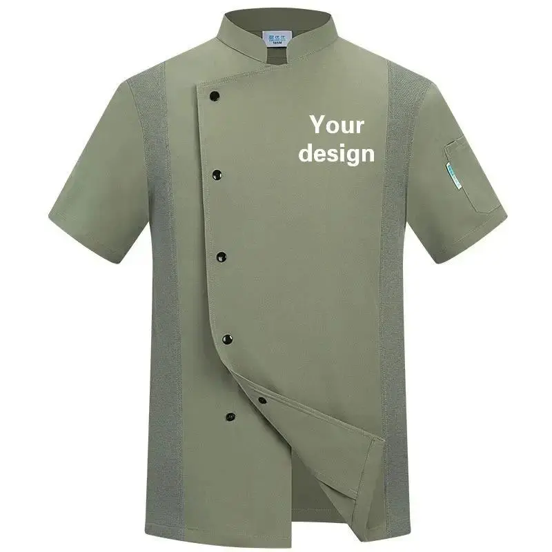 Menswear Chef Uniform Top - Men's Short-Sleeved, Breathable, Customized Embroidery Printed Name Logo Workwear for Summer Hotel Kitchen Baking, Fitted Cut