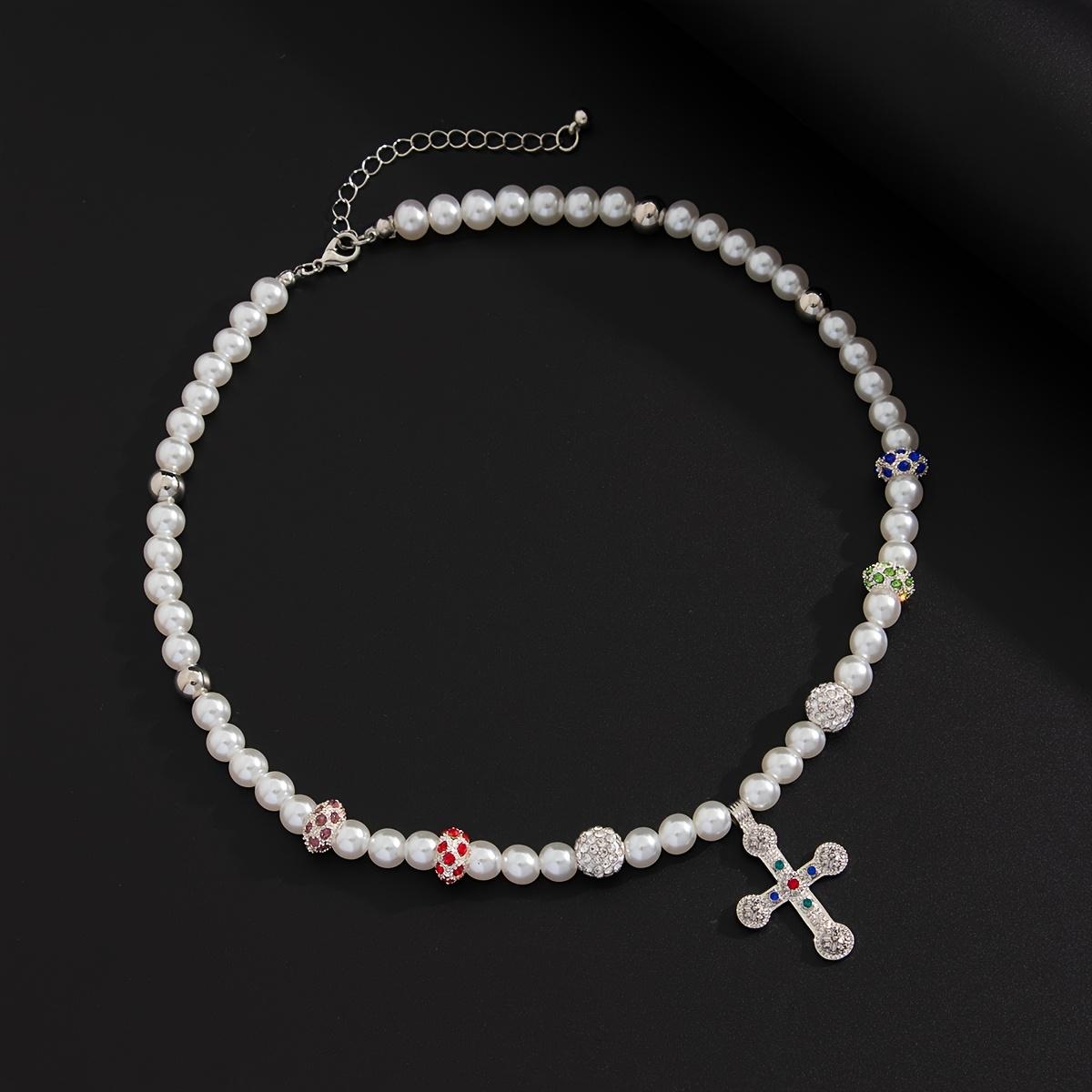 Vintage Luxury Multicolor Artificial Crystal Cross Imitation Pearl Necklace, Men's Charm Jewelry