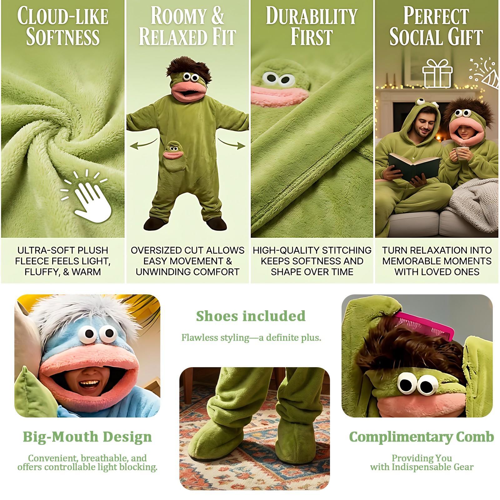 Funny Big Mouth Monster Onesie 3-Piece Set for Women - Soft Coral Fleece Hooded Pajamas, Thick Warm Fleece-Lined Sleepwear + Comb + Shoes, Fun, Bath Towel, Bathrobe, Loungewear, Party Gift