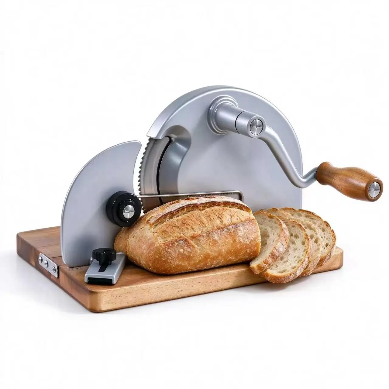 Hand Crank Manual Bread Slicer, Adjustable Thickness Food Slicer with Scale Line, Suction Cup & Metal Guide, for Sourdough Toast & Homemade Bread Steel Wooden Kitchen Utensils