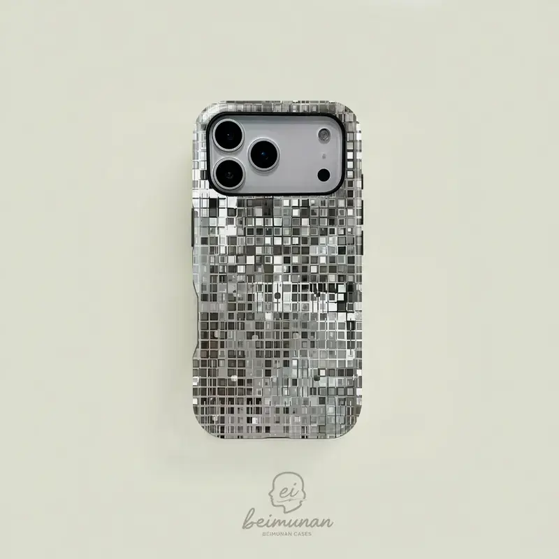 Silver-Gray Mosaic 2-in-1 Durable MagSafe Compatible Smartphone Casing, Handheld Cellphone Case for iPhone 17/16/15/14/13/12/11 Pro Max/Plus/Pro, Stylish Device Accessory, Ideal Birthday Gift
