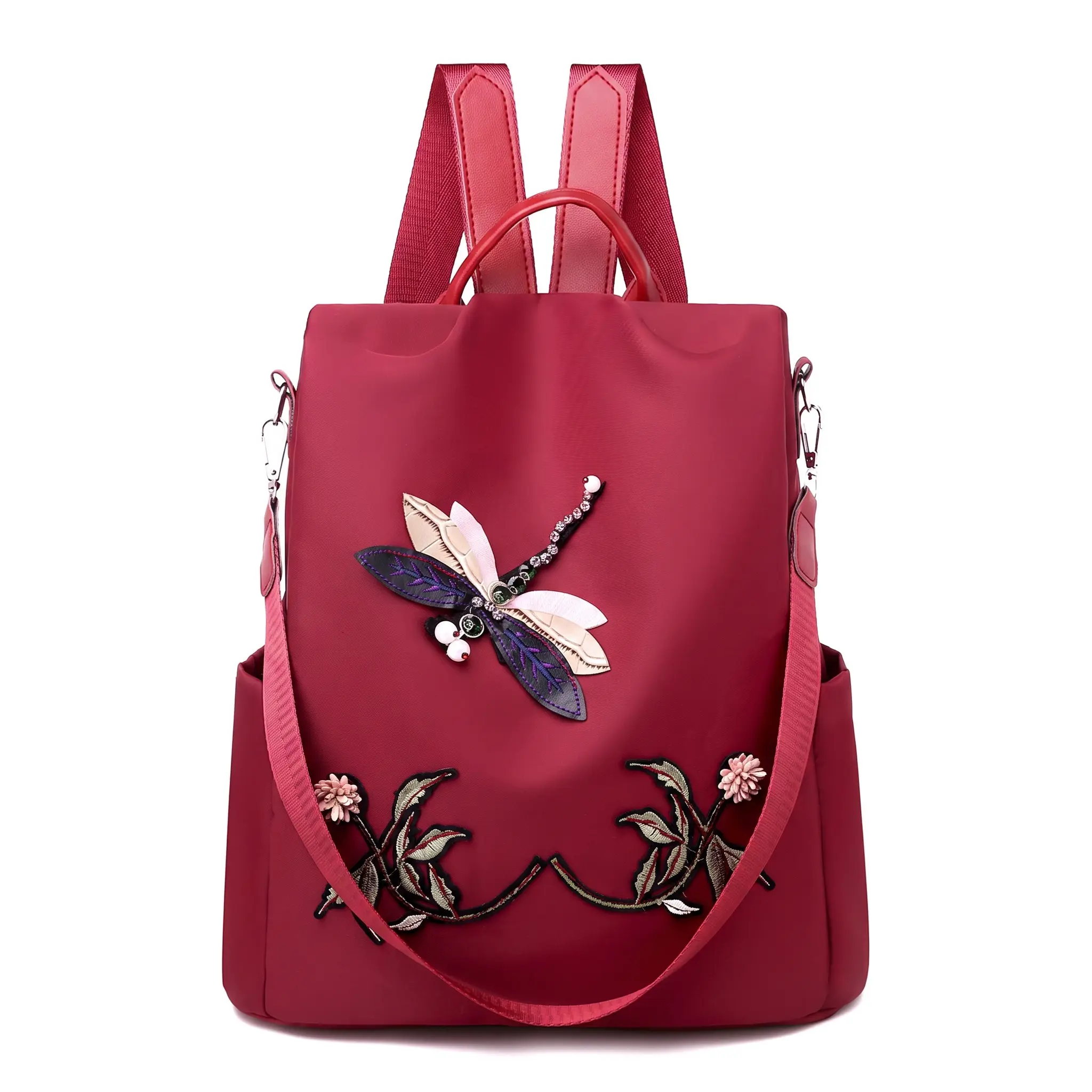 Women's Cozy Oxford Fabric Backpack with 3D Dragonfly Embroidery Motif, Large Capacity Casual Daypack with Zipper Closure, Red/Khaki Literary Style Outdoor Carry-On for Casual Outings