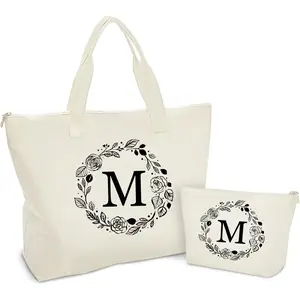 Personalized Initial Canvas Tote Bag with Zipper, Present Bag with Inner Pocket & Make Up Bag,  Gifts for Women, Mom, Teachers, , Bridesmaids
