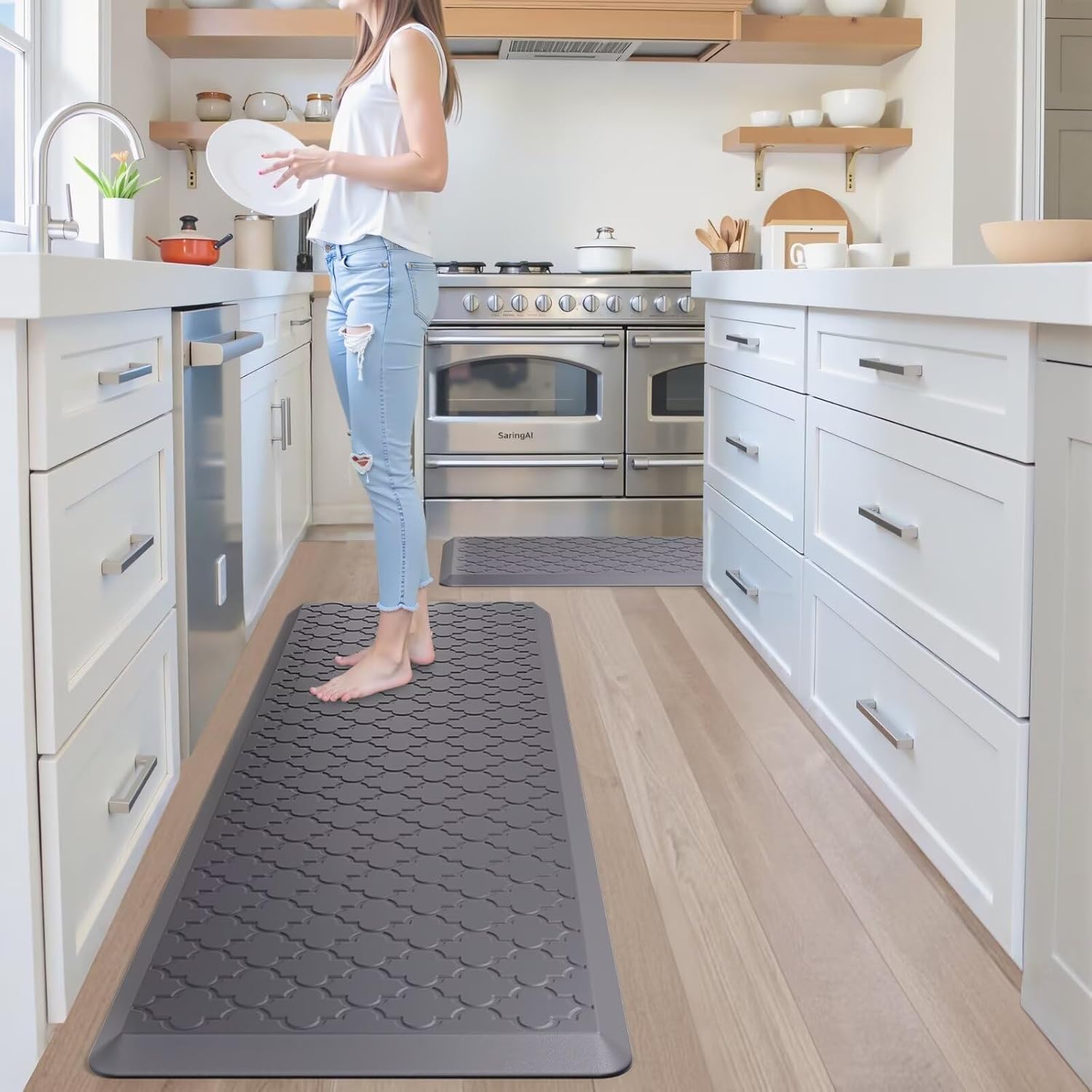 [Non-Slip Kitchen Mats] 2pcs Non-Slip Cushioned Kitchen Mats for Floor| Anti Fatigue Mats for Standing, Office, Sink, Laundry - Grey