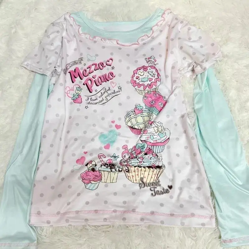 Japanese Sweet Cartoon Polka Dot Print Women T-shirt Loose Kawaii Contrast Color Cute Graphic Tee Tops Y2k Aesthetic Tshirts