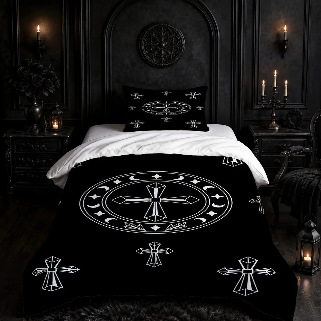 2/3‑Piece Gothic Vintage Cross Duvet Cover Set, Comfy bedding sets, bedding with black‑and‑white retro letter digital print, with 1 duvet cover plus 1/2 pillowcases, No Insert, dark street‑style, great for bedroom & dorm and as a gift pick