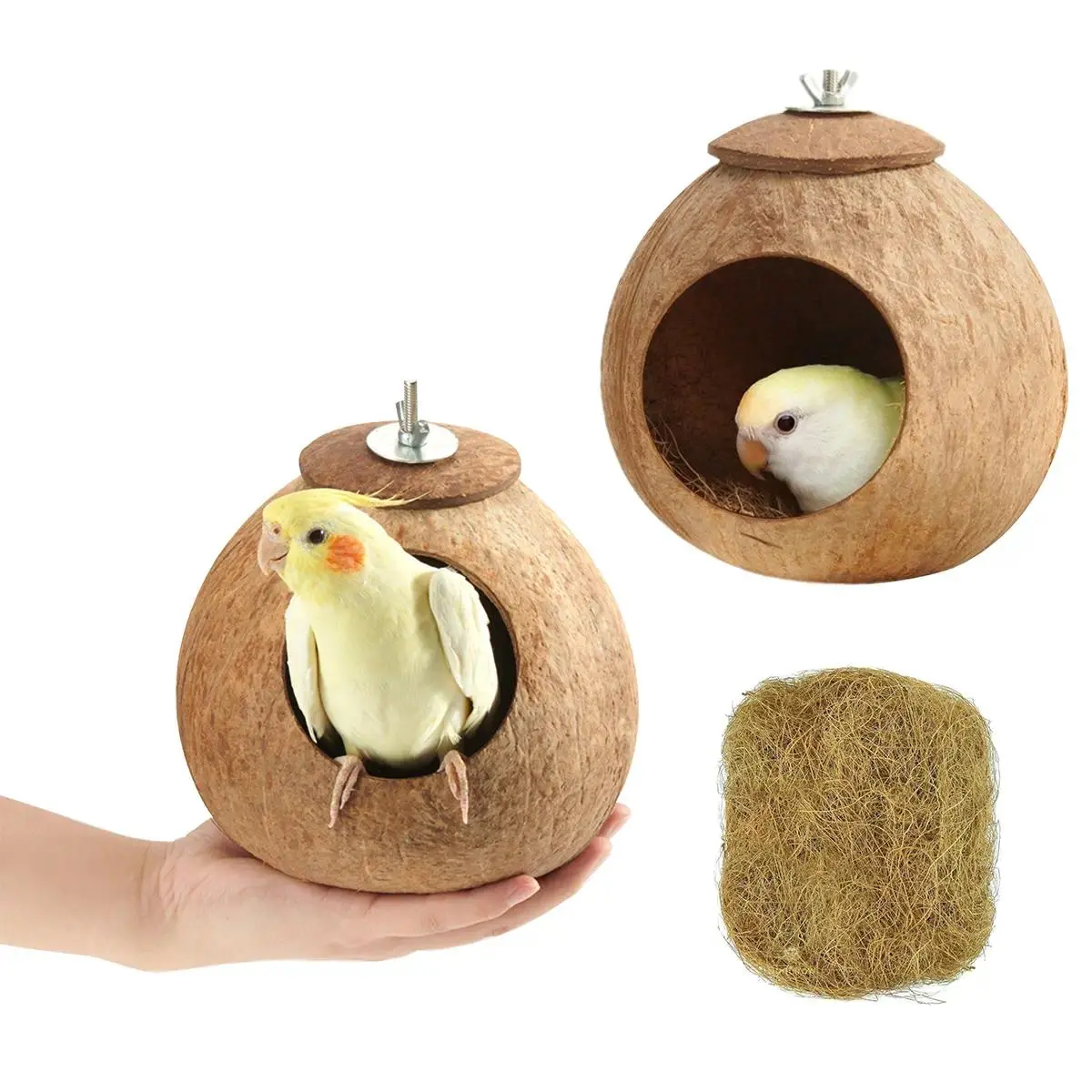 2-Piece Natural Coconut Shell Bird Nest Set, Hanging Mount Bird Cage Accessory for Parrots, Lovebirds, Budgies, Cockatiels, Conures, Finches (Hideaway & Breeding Hut), Two Piece Set