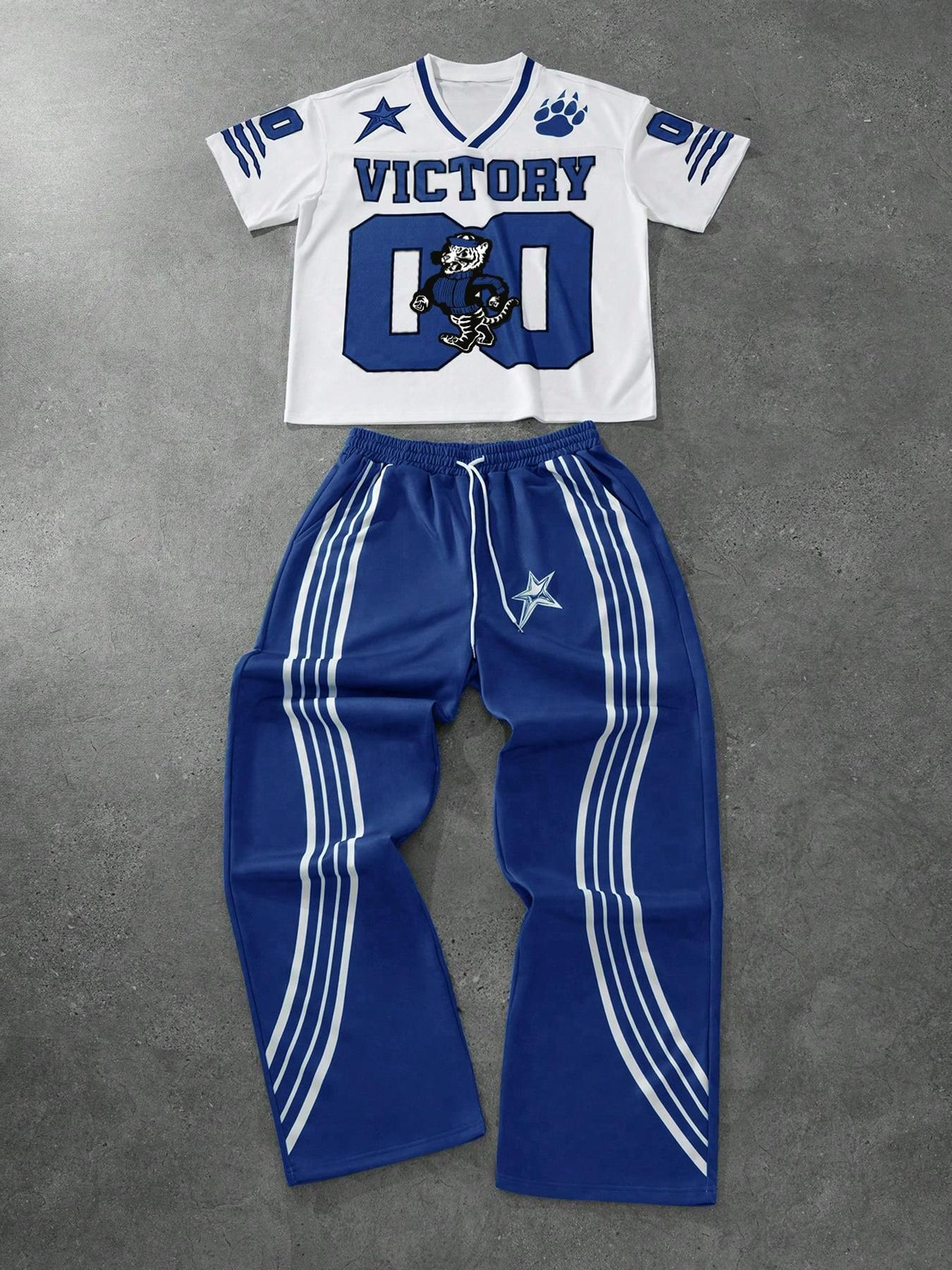 Men's Tiger Print Drop Shoulder Tee & Striped Print Trouser  Two-piece Set, Regular Fit Casual Fashion Cozy Breathable Two Piece Outfits for Daily Outdoor Wear, Men Clothes for All Seasons