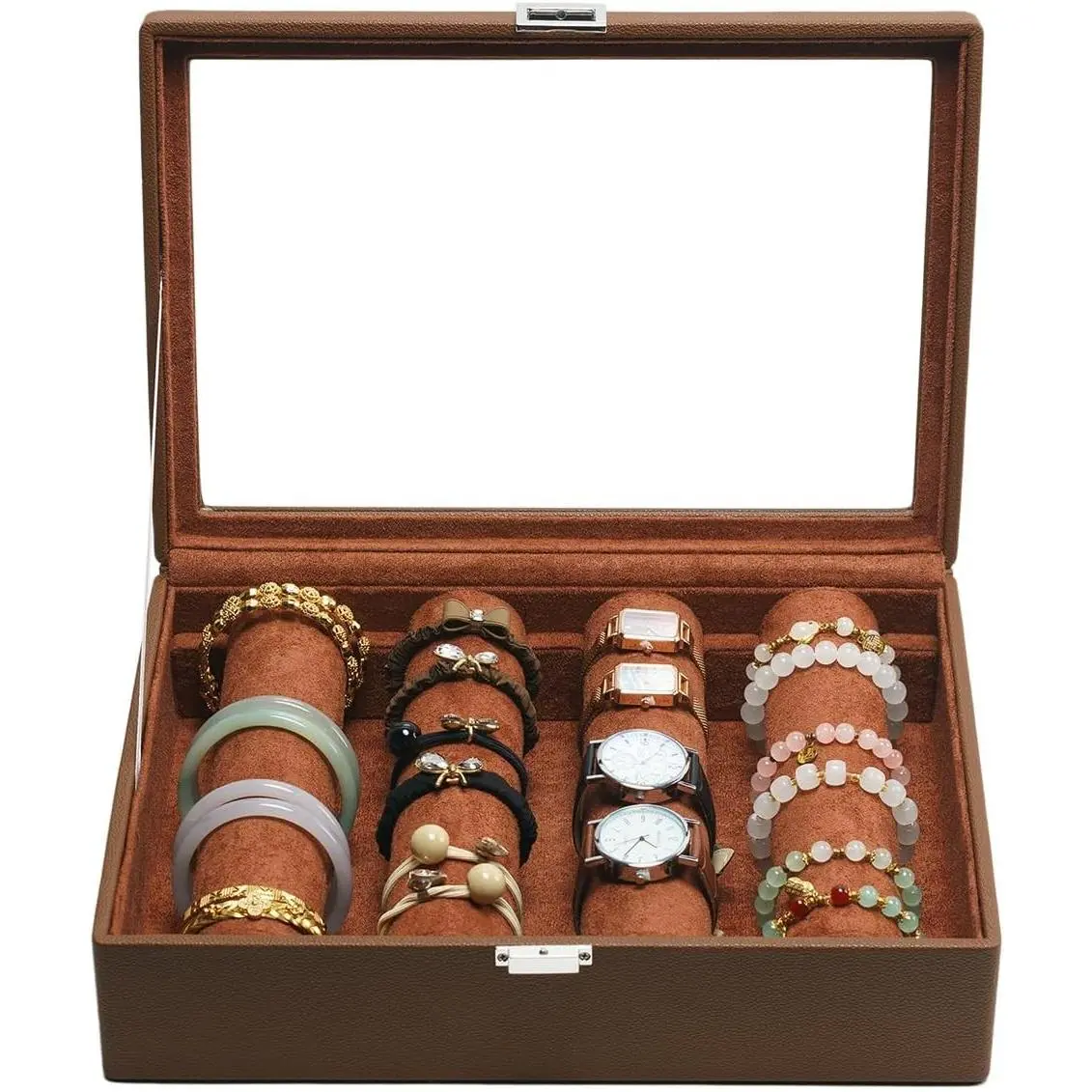 Bracelet Organizer with 4 Rods, Bangles Display Holder, Clear See-Through Lid, Leather Velvet Jewelry Storage Box Case for Women, Brown