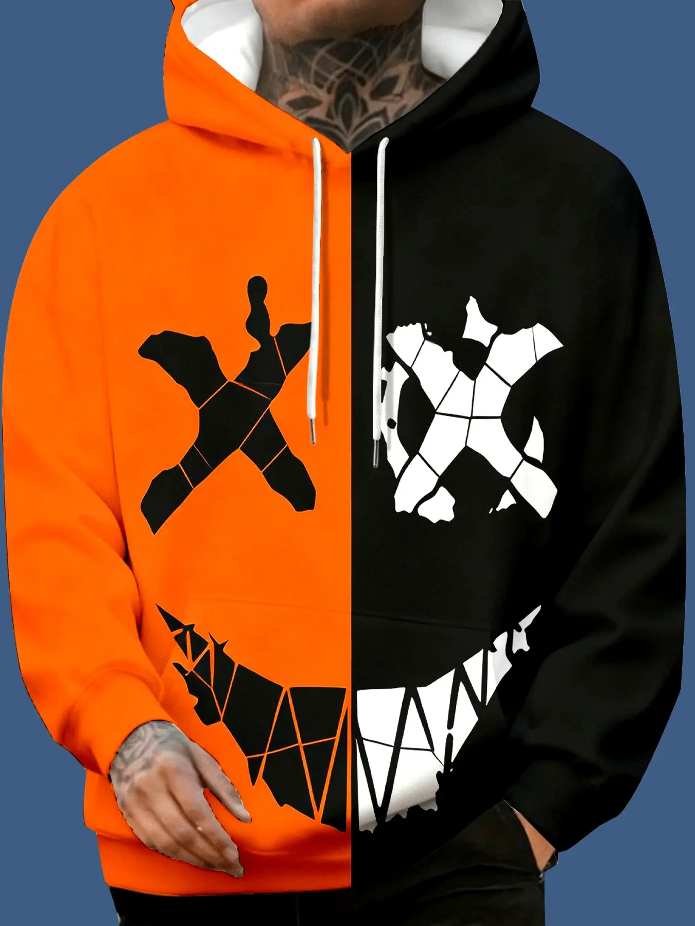Asymmetric Hoodie, Geometric Pattern, Streetwear Style, Men's Pullover, Long Sleeve, Casual Fit, All Seasons