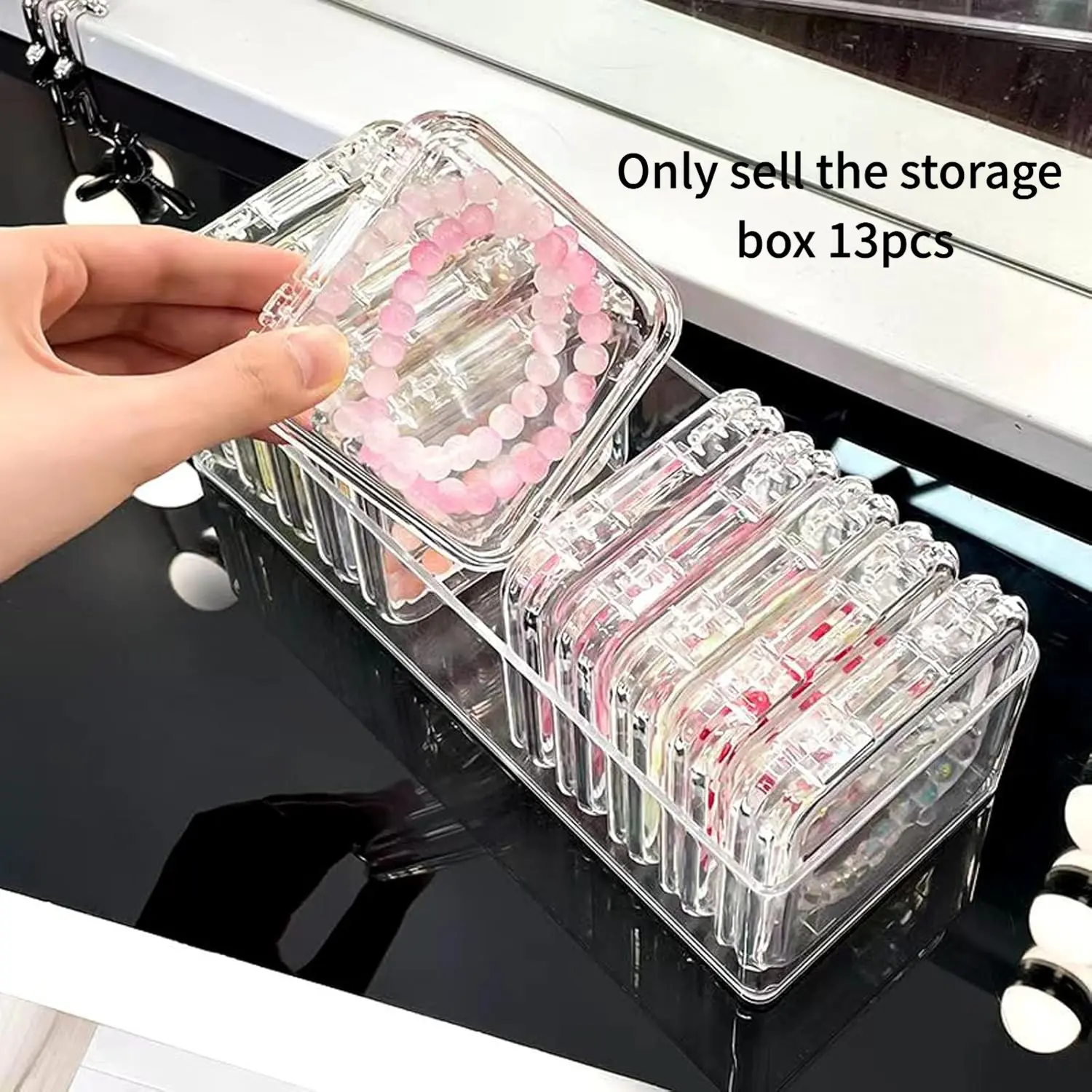 Clear Jewelry Storage Box, 1 Set Multi-functional Portable Organizer Box, Transparent Plastic Storage Box for Home Dormitory Bathroom Office Dustproof Clear Box, Containers (1pc Long Box & 12pcs 8.5cm Square boxes)