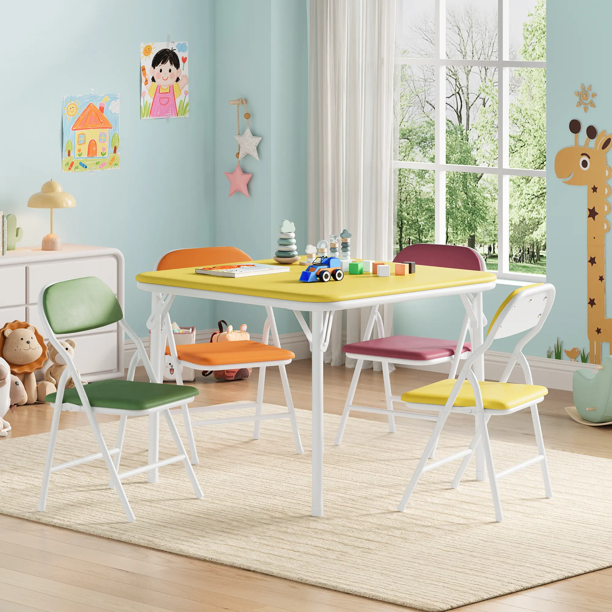 Unisex Kids 5-Piece Foldable Indoor Furniture Set - Nursery Toddlers' Multi-Activity Play Table with 4 Adjustable Cushioned Seats, Thick PU Leather Tabletop, Steel Frame for Playroom Study, Comfortable, 30.12 Lbs