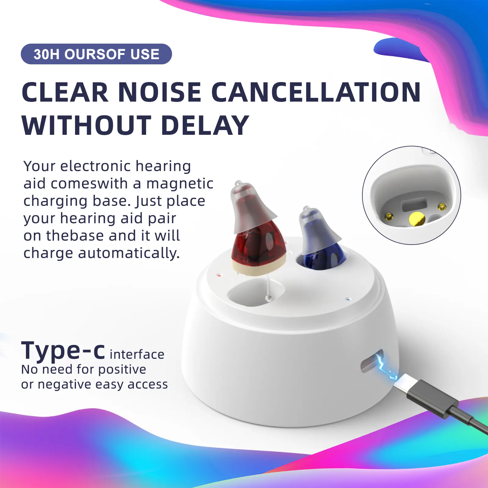 Hearing aids for seniors, in-ear hearing aids, OTC hearing aids suitable for compensating for reduced hearing in older adults (red/blue pair), includes charging dock