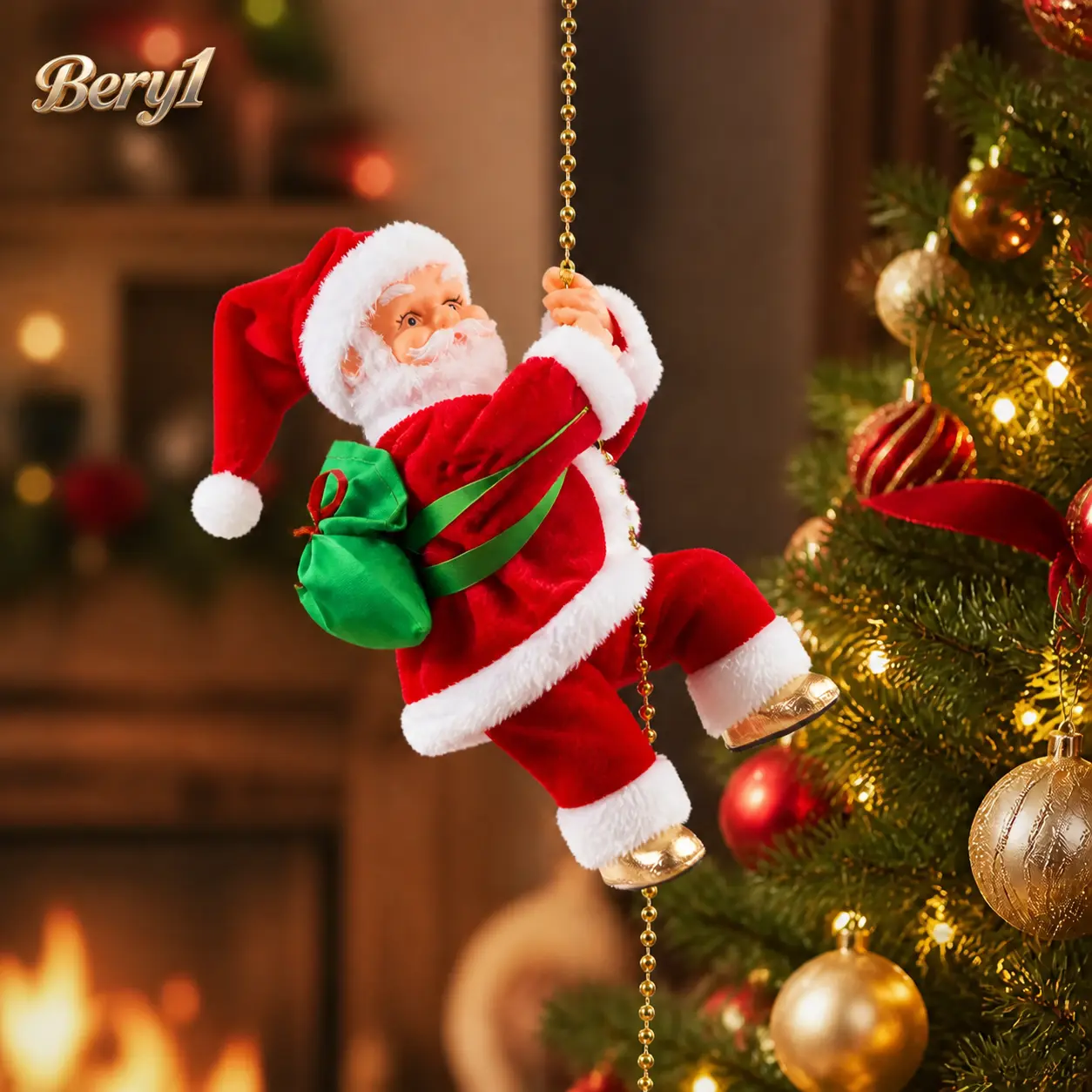 Animated Electric Climbing Santa Claus Decoration, Battery-Operated with Music, 3-ft Chain, Christmas Tree Ornament for Indoor-Outdoor Holiday Décor - Bery1 Gift Magical