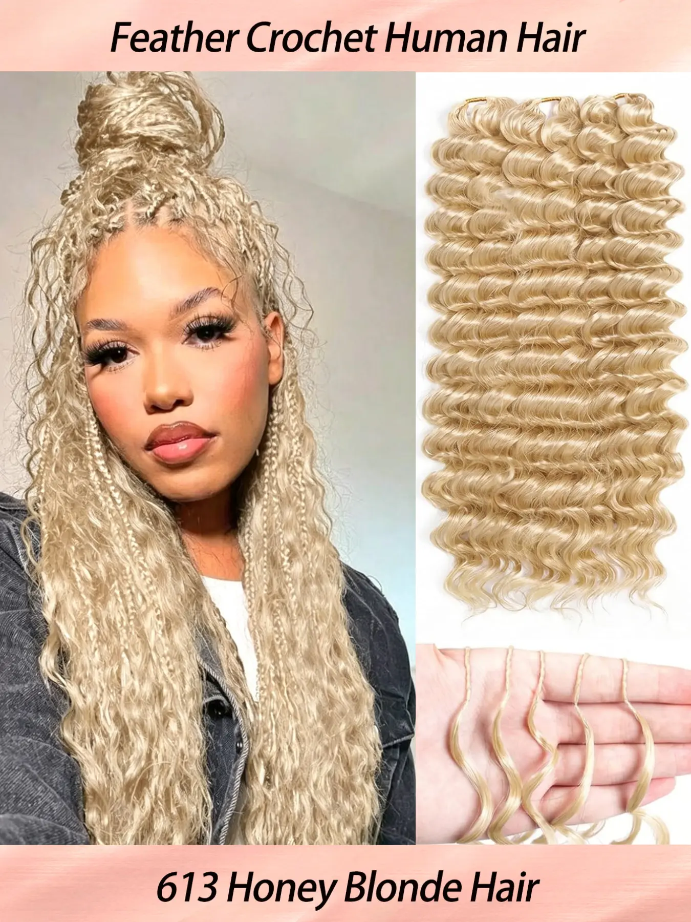 613 Honey Blonde Feather Crochet Human Hair Deep Wave 100% Human Hair Machine Made Feather Crochet Human Hair Extensions Invisible Miracle Knots 14-22 Inch Lightweight Reusable Pre-Separated Handmade Human Hair Curly