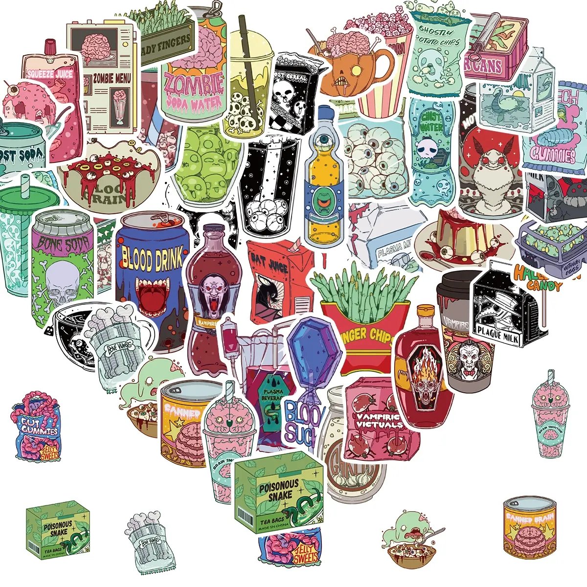 Zombie Food Stickers Pack – 50pcs Creepy Cute Halloween Zombie Snacks Vinyl Waterproof Stickers for Laptop, Water Bottles, Journals, Gifts, Spooky Cute, Pastel Goth