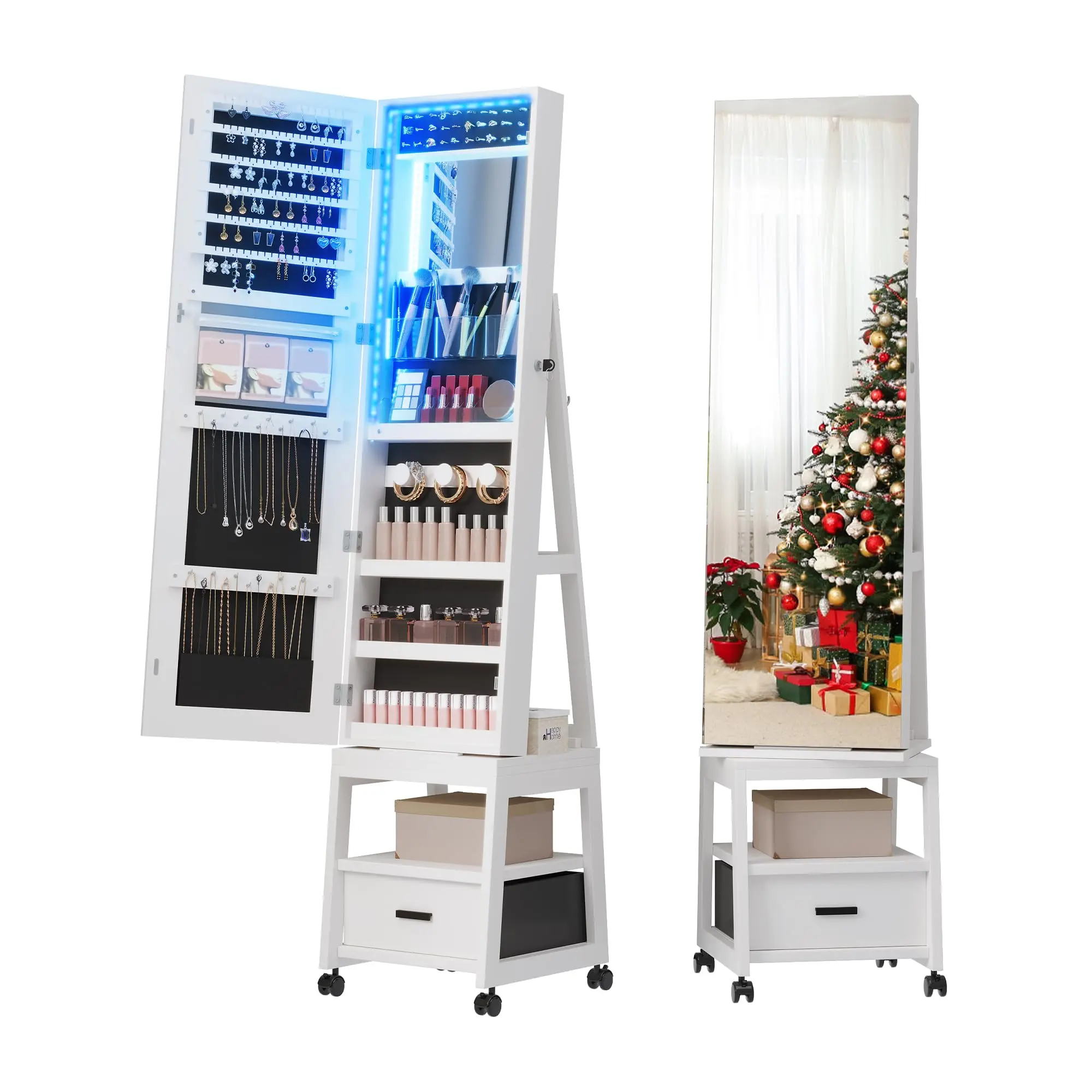 GARVEE360° Swivel Jewelry Cabinet with LED Lights,Inside Makeup Mirror,Rotatable Full Length Mirror with Jewelry Storage,Lockable Standing Jewelry Armoire Organizer with Drawer and Wheels (White)