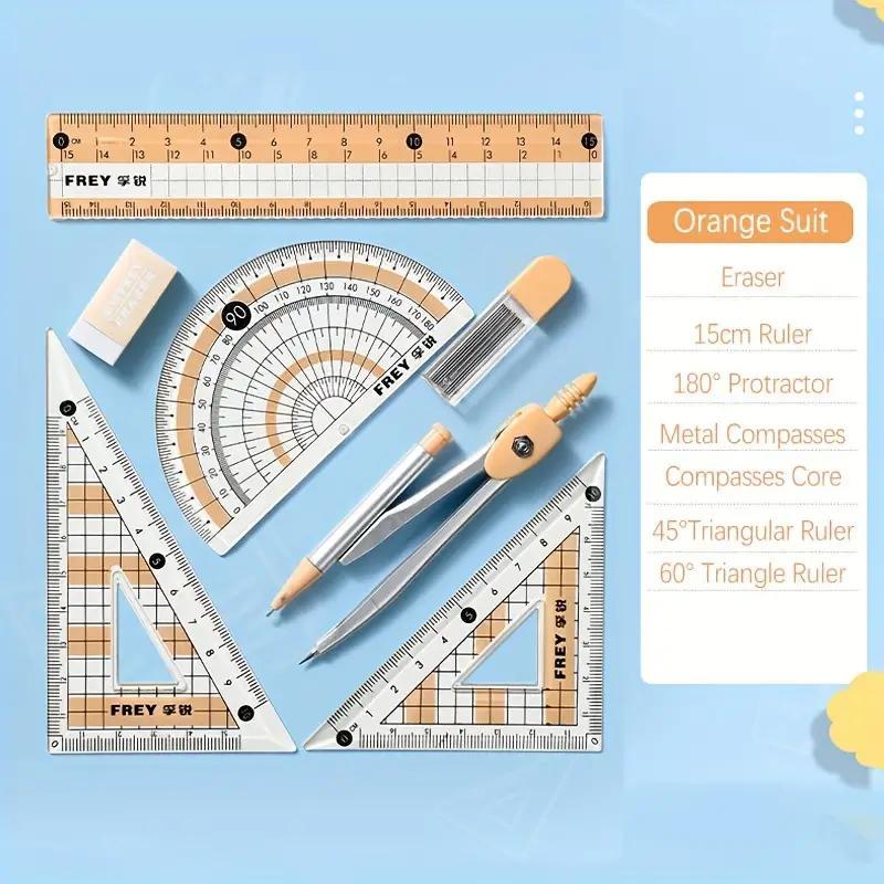 Ruler Set with Storage Box, Measuring Ruler, 7 Counts/set Including Compass & Ruler & Protractor & Eraser & Refill, Stationery Supplies for School Students Dormitory Home Office