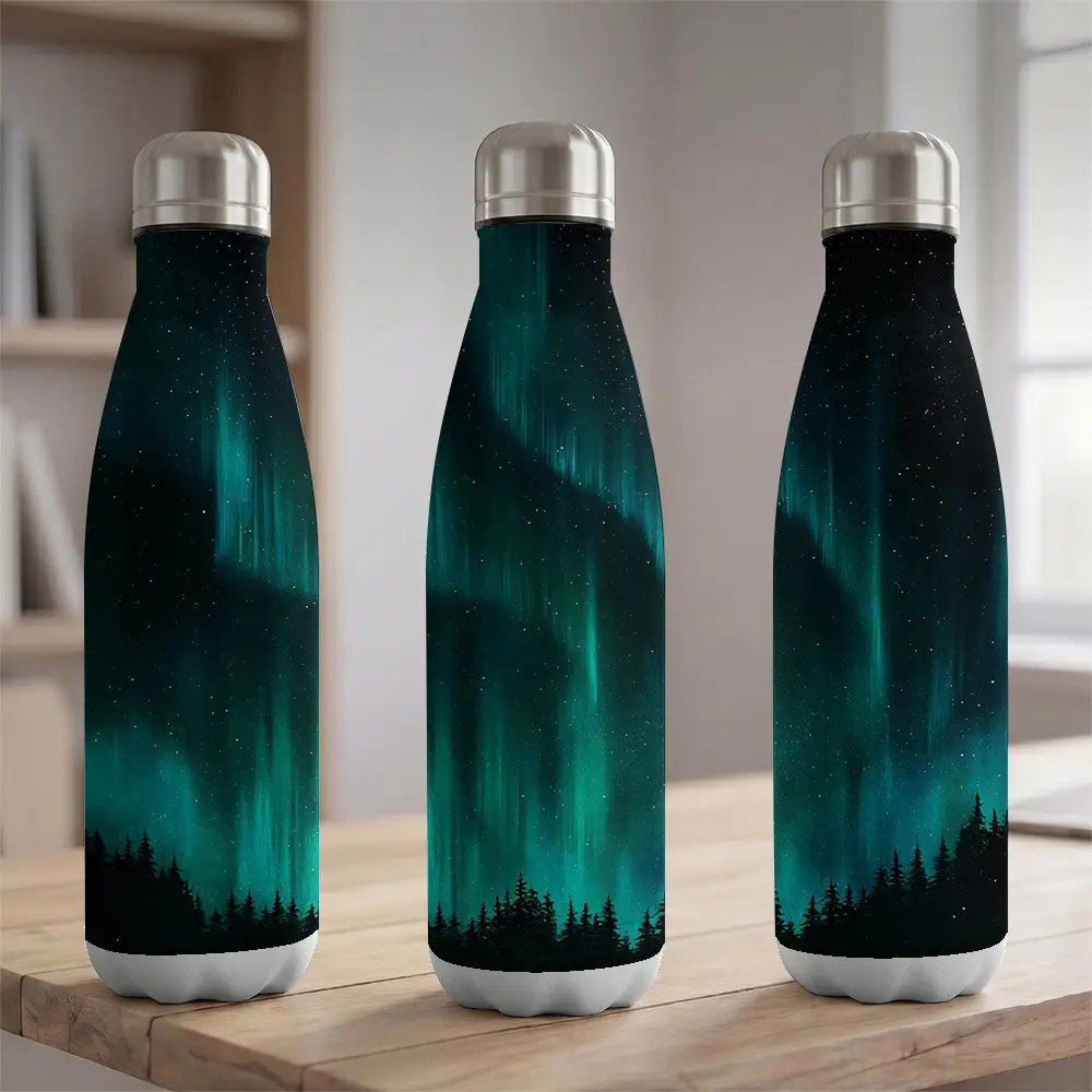 1pc 17oz Stainless Steel Insulated Water Bottle 500ml Aurora Borealis Northern Lights Pattern Vacuum Sealed Flask Double Wall Sports Bottle for Gym Yoga Hiking Travel Car Cup Holder Friendly Portable Leakproof Drinkware