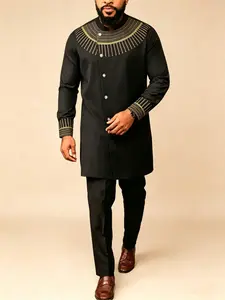 Muslim Men's 2-Piece Set, Modest African Boubou Long Sleeve Embroidered Ethnic Suit, Elegant Formal Wear for Festivals, Weddings, Gifts
