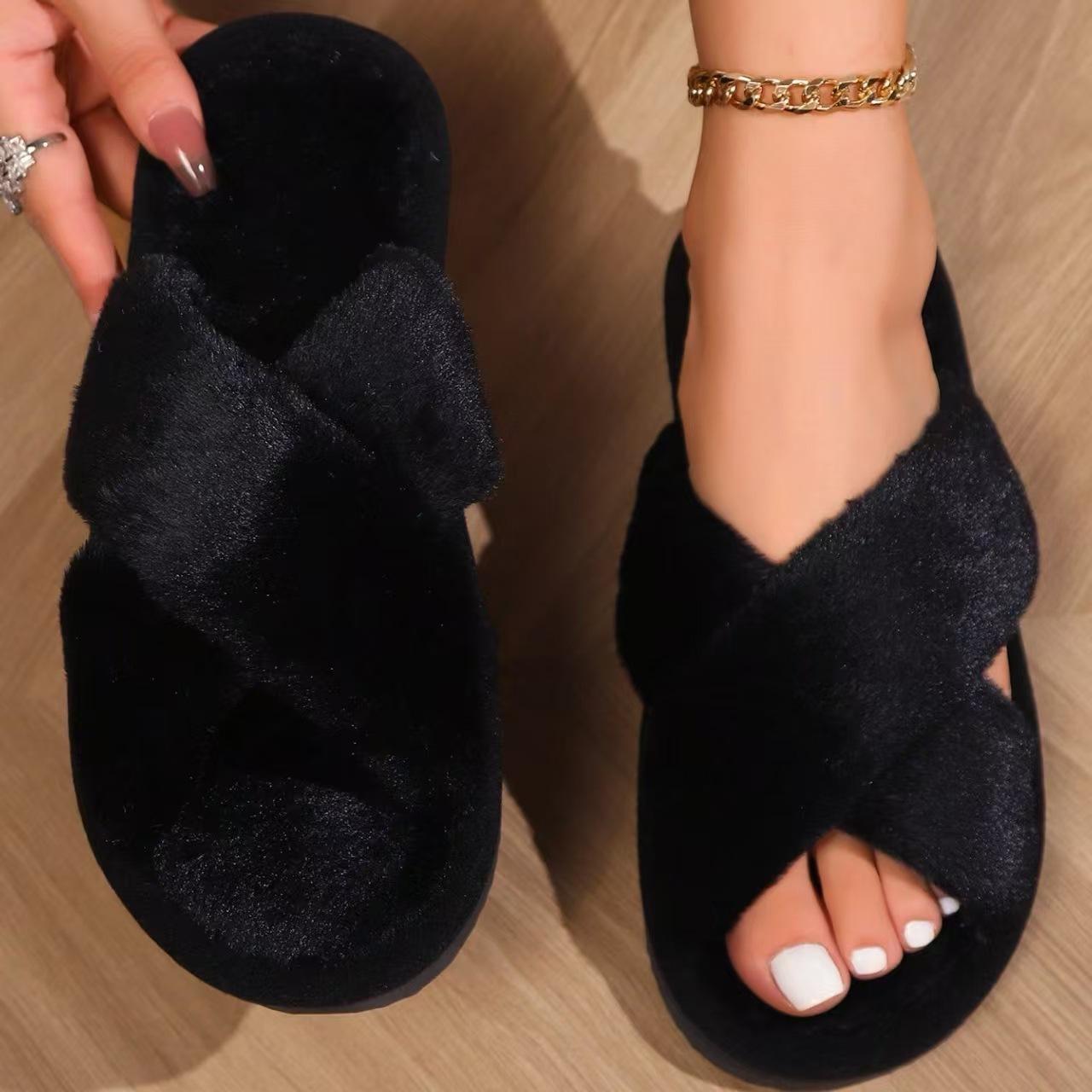 Popular Cross Furry Slippers Female Fluffy Slides Autumn Winter Outdoor Fashion EVA Light Flip Flops Sweat Soft Flat Shoes
