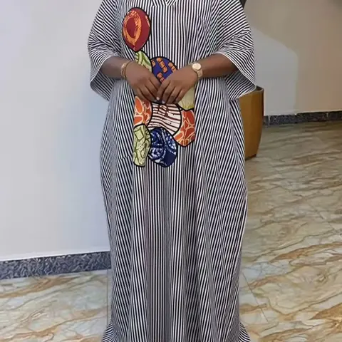 【Black Friday】Plus-Size Women's Striped Boubou Kaftan Maxi Dress, Loose-Fitting V-Neck Summer Dress with Colorful Statement Print for Parties and Beach Vacations