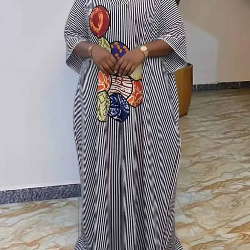 【Black Friday】Plus-Size Women's Striped Boubou Kaftan Maxi Dress, Loose-Fitting V-Neck Summer Dress with Colorful Statement Print for Parties and Beach Vacations