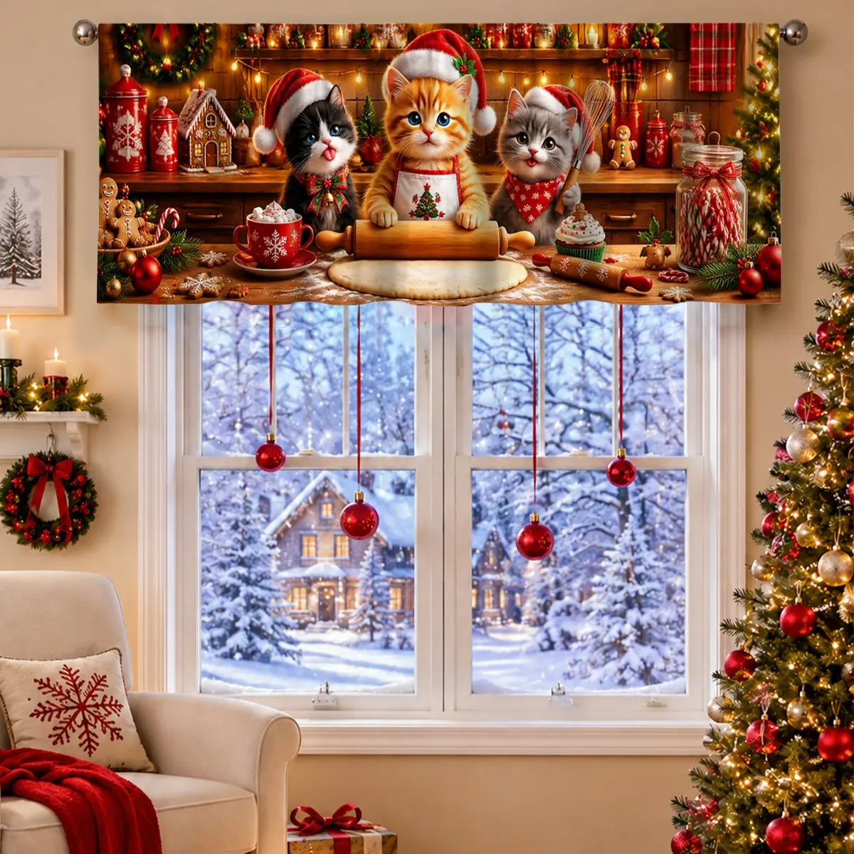 1pc Christmas-themed short curtain, cute Christmas baking kitten kitchen print, pocket rod installation, Merry Christmas decorations 2027 home seasonal bedroom living room kitchen bathroom laundry short valance New Year decoration