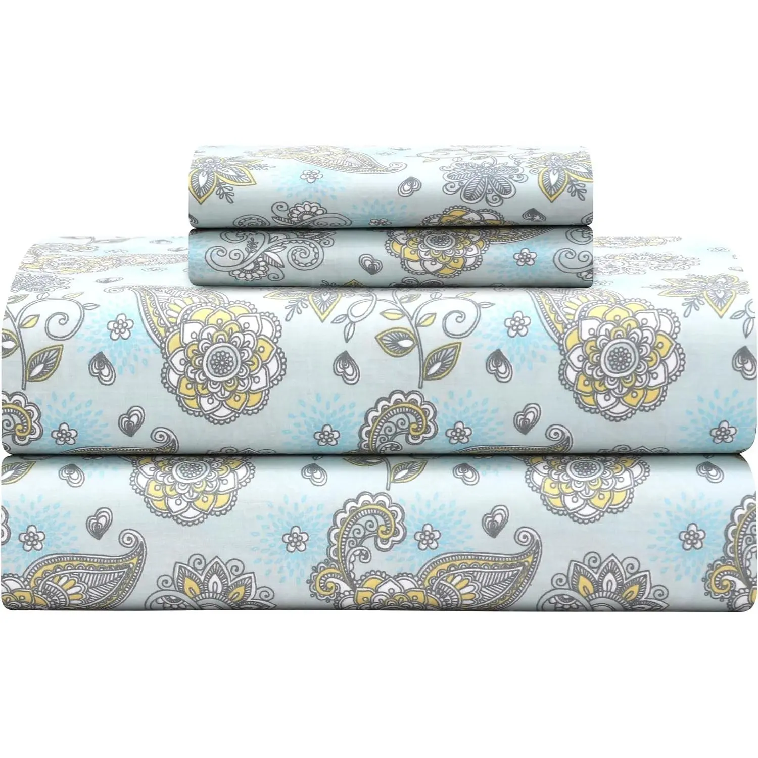 Softest 100% Cotton Sheets, 300 Thread Count Percale Weave Bedding, 16" Deep Pocket, Cooling Sheets, Breathable Bed Set, Hotel Premium Quality (King, Aqua Paisley)