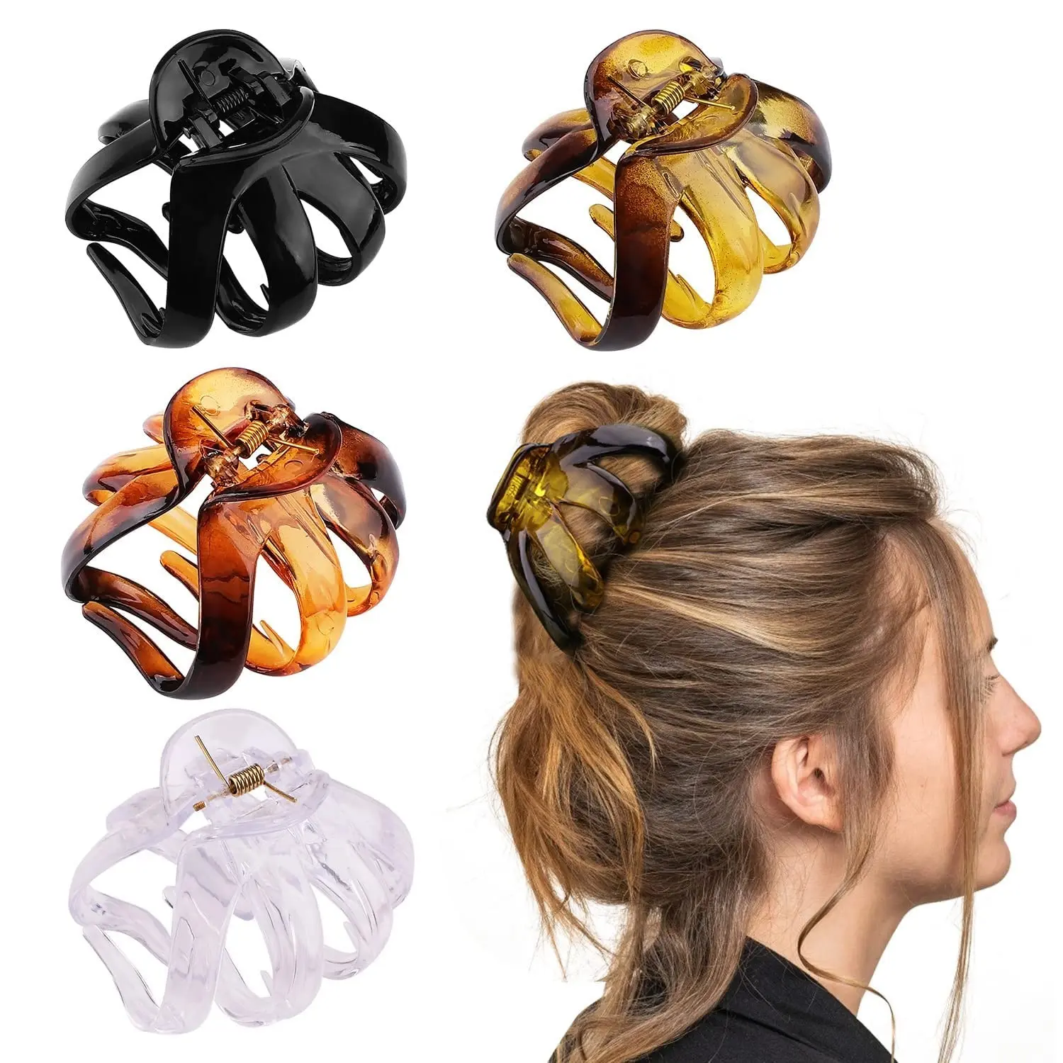 Women's 4PCS 3.15in Jumbo Size Minimalist Acrylic Alloy Octopus Shape Hair Clips - Strong Hold for Thick Hair Types, Daily Wear Use