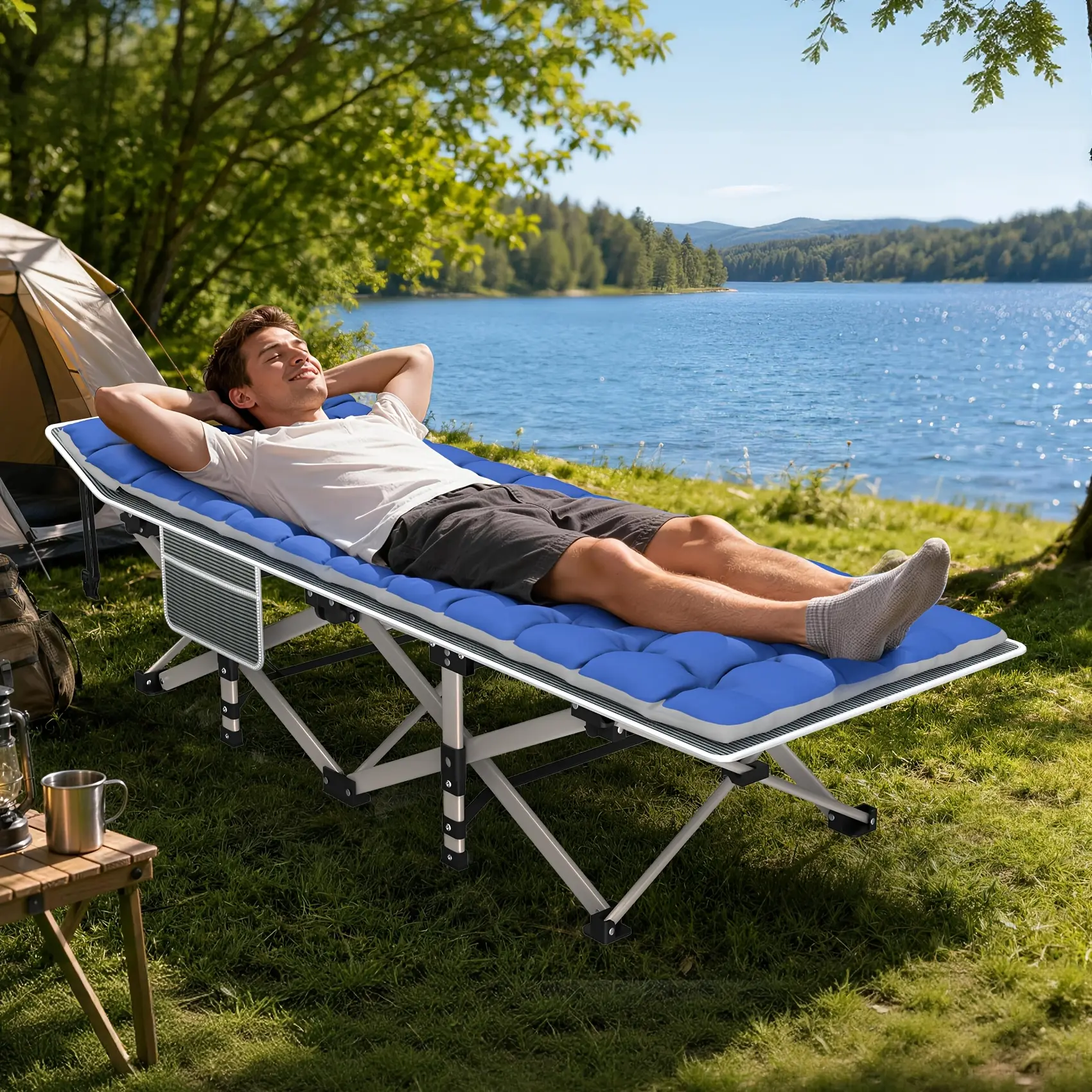 Folding Camping Cot Bed For Adults Sleeping 1200D Double Layer Oxford Portable Folding Outdoor Cots For Camping W/Soft Pad Carry Bag, Portable Travel Camp Cot Bed, Heavy Duty, For Patio, Courtyard, Lawn, And Garden, Ideal As Chaise Lounges