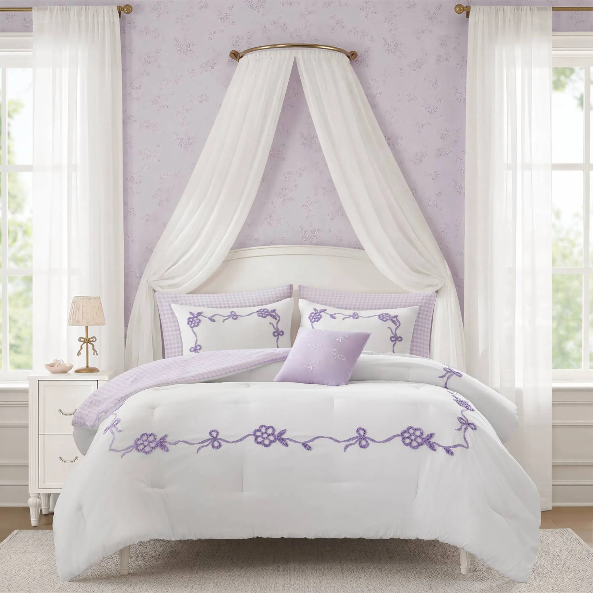 Nokaa 6-Piece Full/Queen Comforter Set - Purple Bedding Set with Floral Bow Embroidery, Gingham Reverse, Decorative Pillow, Soft Microfiber Bed in a Bag for Girls Bedroom, All-Season Cozy Ensemble