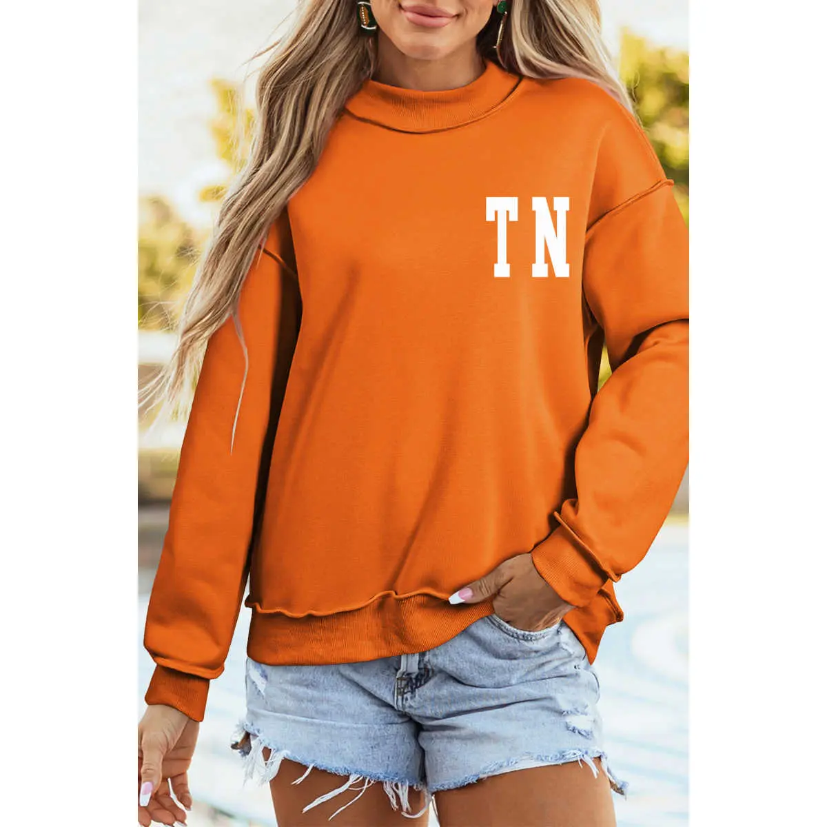 Women's Soft Fabric Long Sleeve High Neck Tunic Sweatshirt with Carrot TN Tennessee Letter Print & Exposed Seam Detail