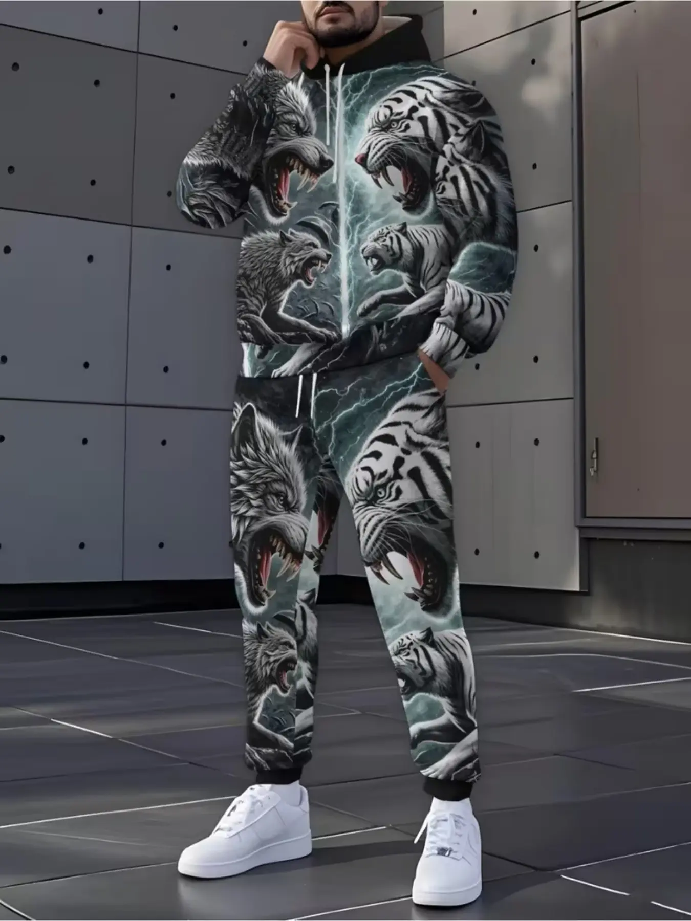 Men's Tiger Print Hooded Zipper Sweatshirt Set, Casual Sporty Two-Piece, Fashion Street Style Jacket and Pants, Spring & Fall