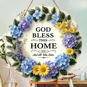 【summervibes】God Bless This Home Round Wooden Sign, Blue Hydrangea Yellow Daisy Floral Wreath Hanging Plaque, Religious Christian Blessing Front Door Decor, Farmhouse Rustic Entryway Wall Sign for Housewarming Gift